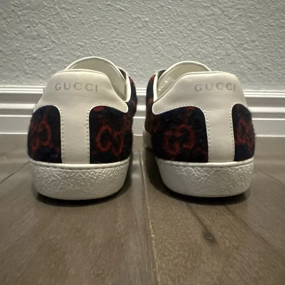 AUTHENTIC GUCCI WOOL ACE GG BLUE RED SNEAKERS 548495 GG 9.5 (fits USA 10.5)